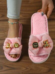 shensongni 女士蝴蝶结泰迪熊装饰毛绒拖鞋，室内拖鞋，家居拖鞋，卧室拖鞋，露趾拖鞋，四季皆宜拖鞋，公寓拖鞋，时尚性感度假风缎面平底凉鞋，粉色 - 粉色 - 查看 5