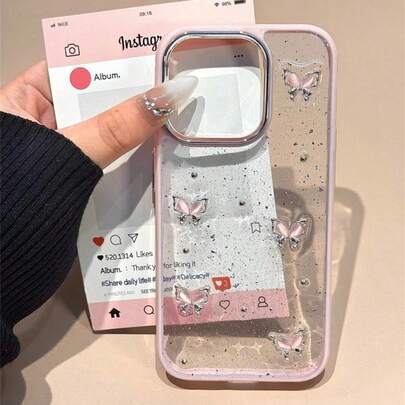 闪光蝴蝶图案手机壳带白色边框，适用于 16 Pro Max、 16、 15 Pro、 14 Pro Max、 13、 12 Pro，韩版风格，防摔防水防震防摔防刮