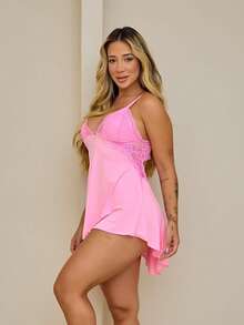 Camisola sexy com renda sem bojo costa nua sensual pijama roupa de dormi costas abertas - Rosa chiclete - Visão 4