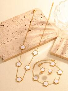 "3-Piece Set Of Versatile And Stylish Black Flower Oil Drop Necklace, Bracelet, And Earrings In Stainless Steel For Women - Perfect For Daily Wear" - White - View 1