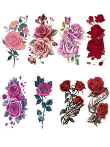 8 Blatt Blumen Temporäre Tattoos, Blumen Tattoos für Frauen, sexy Rose Tattoos, realistische Fake Tattoos, modischer Körperschmuck für Partys, Festivals und Styling-Accessoires