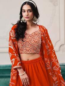 Indo-Western Embroidered Faux Georgette Wedding Wear Jacket Style Sharara Suit For Girls & Women - 橘色 - 查看 2