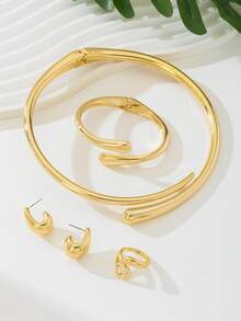 1 Set Fashionable Elegant High-End Geometric Alloy Bracelet, Ring, Necklace, Earrings Jewelry Set For Women, Suitable For Festivals, Parties, Dates, An Elegant Gift For Girlfriend - Gold - View 4