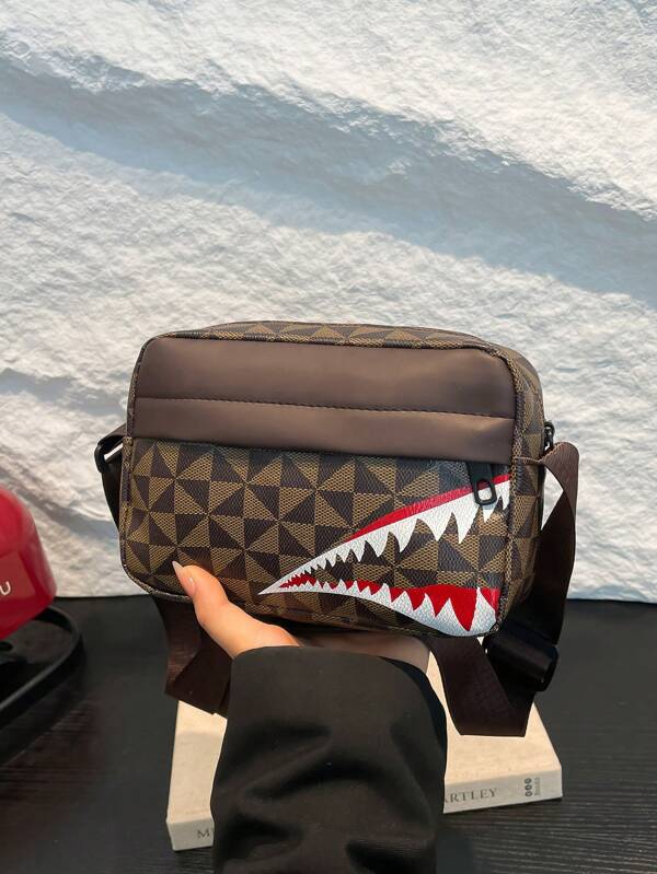 Borsa a tracolla sportiva casual alla moda a quadri per uomo, borsetta quadrata da uomo per il business, borsa con stampa di bocca di squalo