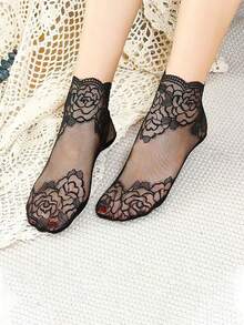 1 双花卉印花休闲涤纶（聚酯纤维）女士薄款蕾丝踝袜，夏季