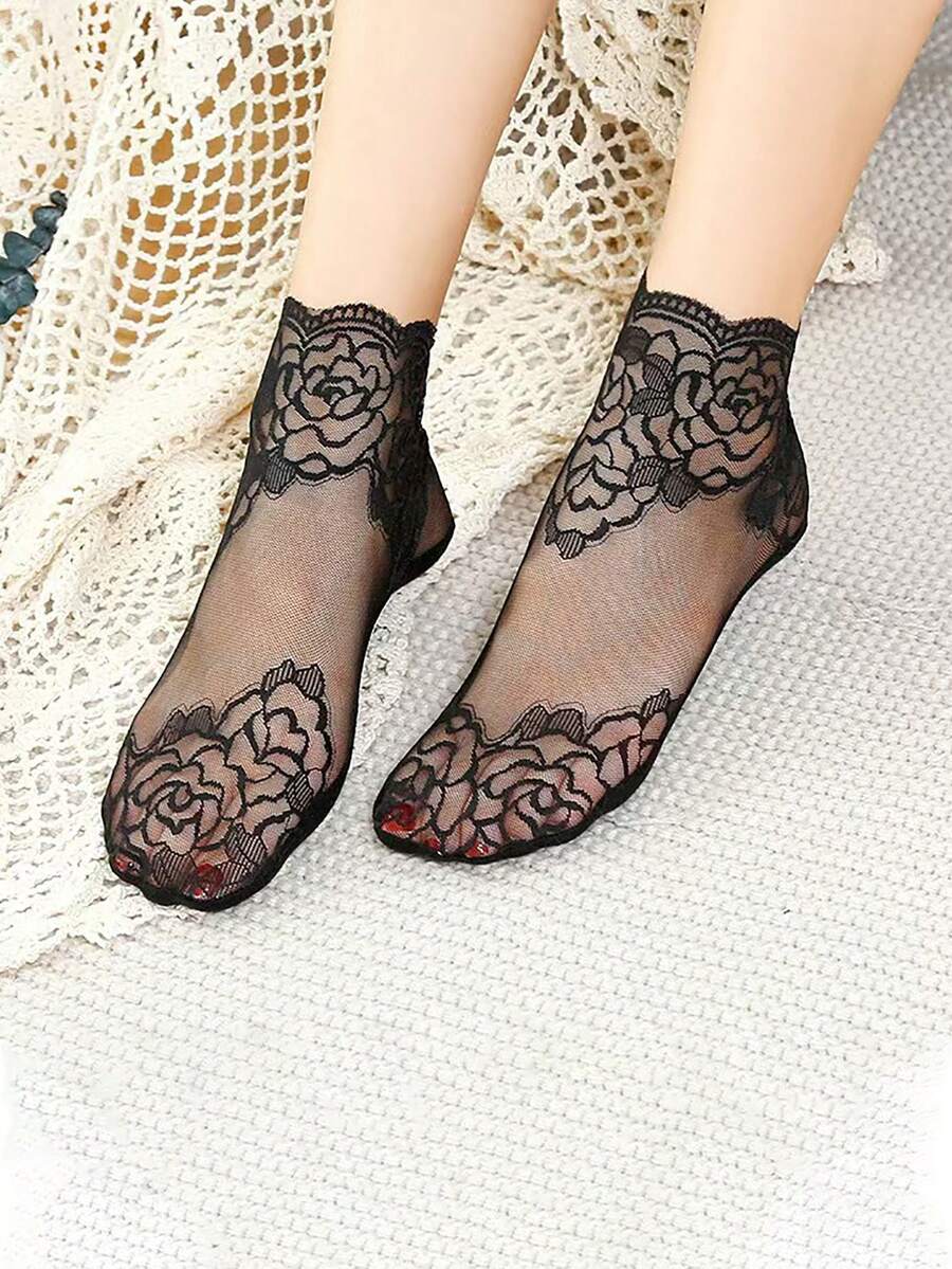 1 双花卉印花休闲涤纶（聚酯纤维）女士薄款蕾丝踝袜，夏季