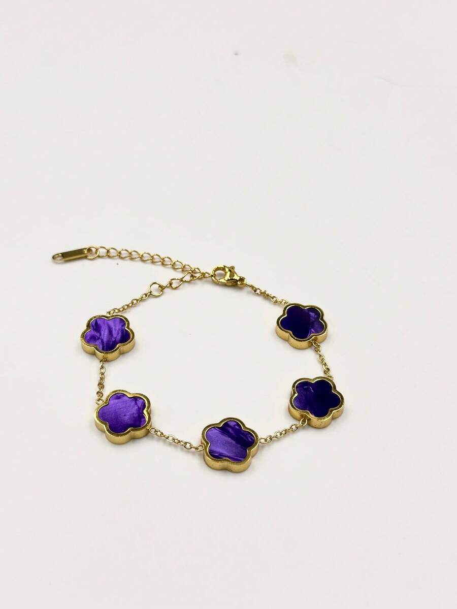 1 件时尚鲍鱼幸运双面五瓣不锈钢手链 - 紫色 - 查看 1