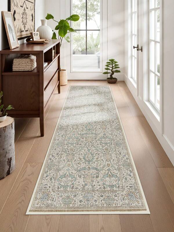Tapis de couloir de style délicat, idéal pour les sols en bois dur dans les entrées, les buanderies, les chambres, les cuisines, la décoration de la pièce et l'entrée - Décoration d'intérieur de la maison pour toutes les saisons, tapis de sol long et élégant, lavable et antidérapant, parfait pour une utilisation domestique comme tapis de couloir, tapis de salon, tons crème, bleu clair et beige subtil, décoration de la maison | Décoration de cuisine