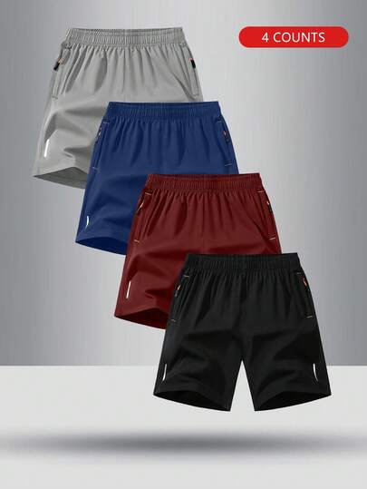 4pcs/Set Boys' Solid Color Elastic Waist Casual Sports Shorts For Summer, Fit Teenage