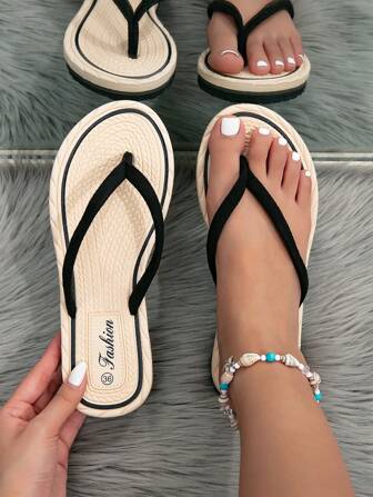 Chanclas de mujer a rayas negras, sandalias planas ligeras de diseño simple para mujer