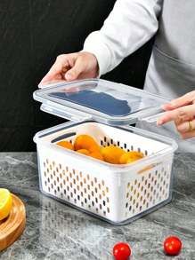 1pc/3pcs Refrigerator Storage Box With Lid, Removable Drain Basket, Multi-Function Food Divider, Plastic Food Storage Containers For Organizing And Storing Beverages, Fruits, Vegetables, Meat, Salads, Kitchen Utensils, Pantry Items, Suitable For Outdoor, Camping