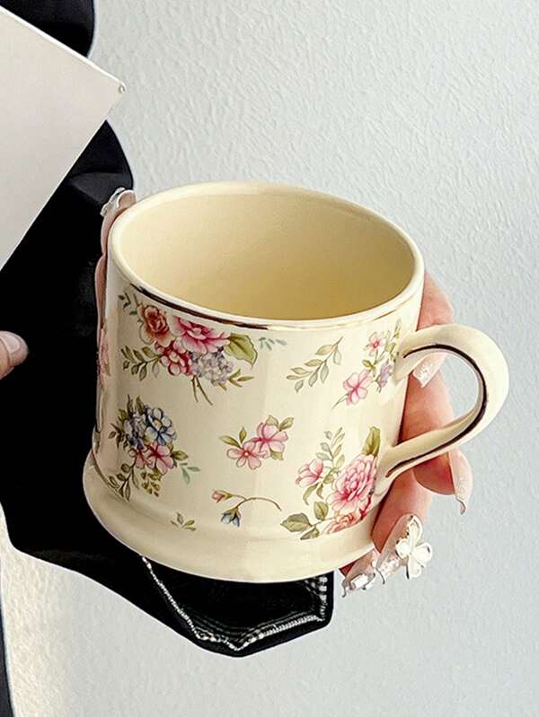 Złoty Obręcz Ditsy Floral Ceramiczny Kubek Do Kawy, Vintage Europejski Minimalistyczny Styl Ceramiczne Kubki, Wysokiej Jakości Kubki Do Herbaty Popołudniowej, Domowy Kubek Śniadaniowy, Kubek Do Mleka, Szklanka Do Wody Powrót Do Szkoły