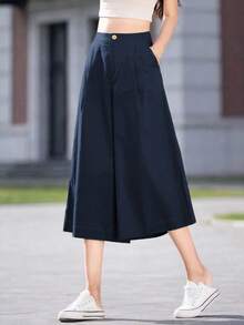 女士夏季纯色休闲阔腿宽松 7/4 长裤带口袋，适合日常休闲、户外和度假穿着