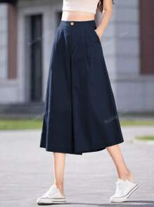 Women's Summer Solid Color Casual Wide Leg Loose 7/4 Length Pants With Pockets, Suitable For Daily Casual, Outdoor & Vacation Wear