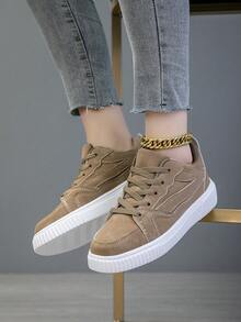 女士休闲运动鞋，时尚街头轻便滑板鞋 - 卡其色 - 查看 5