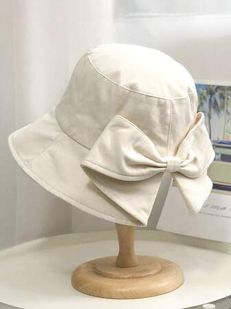 1 件女士时尚宽边帽，夏季日式渔夫帽，蝴蝶结百搭太阳帽