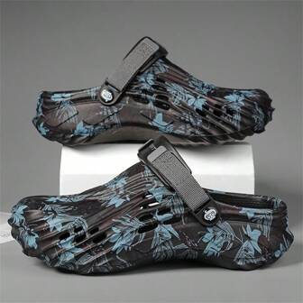 Men's Lightweight Breathable Non-Slip Sandals, 2025 New Design Thick Sole Outdoor Casual Comfortable Beach Slippers, Fashionable Printed Slides