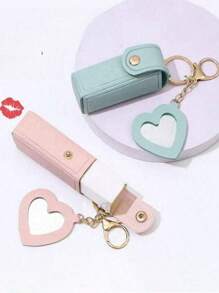 4pcs/Set Lipstick Holder With Heart-Shaped Mirror, Useful For Women Makeup, Key Chain. Heart-Shaped Mirror Decorated Lipstick Case, Multi-Color Women Makeup Bag, Heart-Shaped And Bag Decor Fashion Keychain Pendant, Wallet, Purse, Bag Accessories, Storage Pouch