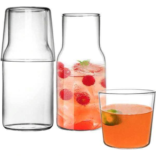 1 Set di 2 pezzi, Caraffa da 500ml e bicchiere da notte, Caraffa per acqua con bicchiere per comodino, Bottiglia in vetro per collutorio, Brocca di succo trasparente, Caraffa con bicchiere per cucina, camera da letto o bagno
