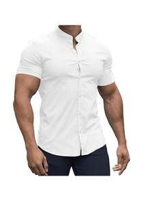 Men's Short Sleeve Dress Shirt With Slim Priest Collar - 白色 - 查看 2