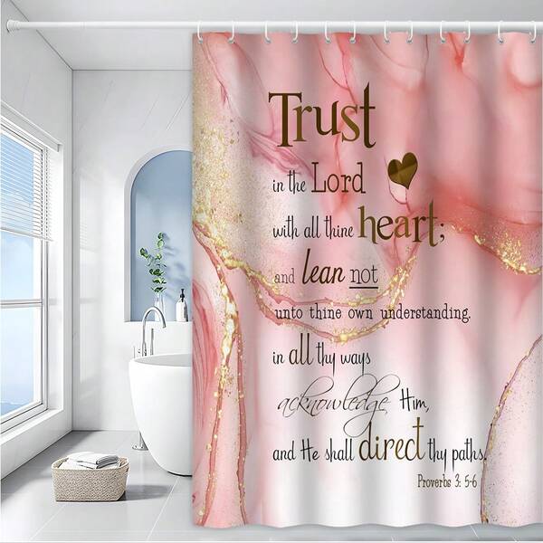 1pc Inspirational Quotes With Pink Background Shower Curtain Cracked Marble Texture Soft Pink Watercolor Texture With Cloud-Like Patterns, Includes 12 Hooks, 70.8 X 70.8 Inches Home Bathroom Decor Fall Decor Bathroom Accessories