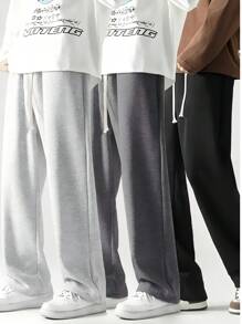 Set de 3 bucăți de pantaloni lungi sport cu șnur largi, cu talie plată, combinație multicoloră, pantaloni de sport ocazional în aer liber versatili, set de 3 piese confortabili și respirabili, potriviti pentru sporturi în aer liber și ieșiri zilnice.