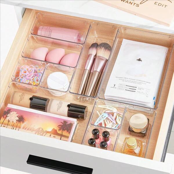 25 Stücke Set mit klaren Kunststoff-Schubladenorganizern, 4 Größen an Schubladeneinteilern und Aufbewahrungskästen für Makeup, Schmuck, Gadgets für Küche, Schlafzimmer, Badezimmer, Büro