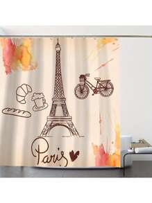 [1/4 peças Conjunto de Cortina de Chuveiro da Torre Eiffel] 1/4 peças Conjunto Elegante de Cortina de Janela do Banheiro, com 12 Ganchos, Acessórios de Decoração de Banheiro, Conjunto de Cortina de Chuveiro Impermeável de Poliéster, Adequado para Todas as Férias Volta às Aulas