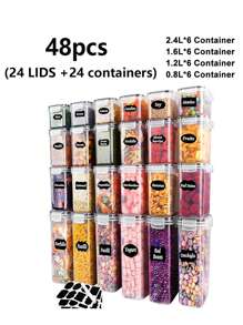 48pcs Sealed Food Storage Containers With LIDS - Lunch Boxes Ideal For Organizing And Storing Grains, Rice, Pasta, Tea, Nuts And Coffee Beans In A Kitchen Pantry - Can Be Used For Dishwasher Washing, Including Labels And Markers