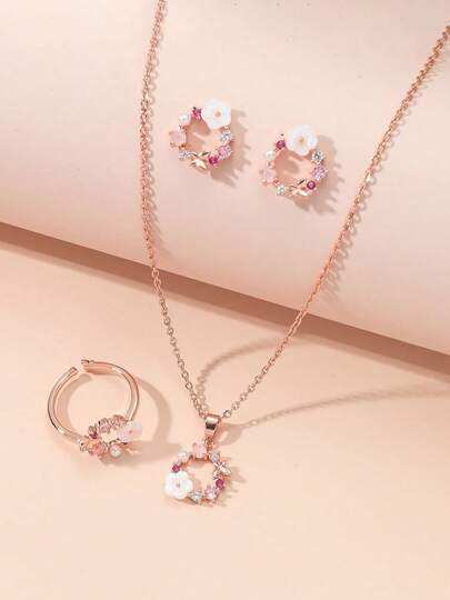 1 Set Children's Luxury Alloy Flower Niche Earrings, Ring, Necklace Jewelry Set, Fashion