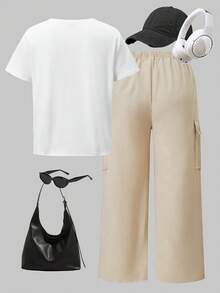 全新休闲街头潮流青年套装，圆领字母印花T恤+工装裤 - 杏色 - 查看 2