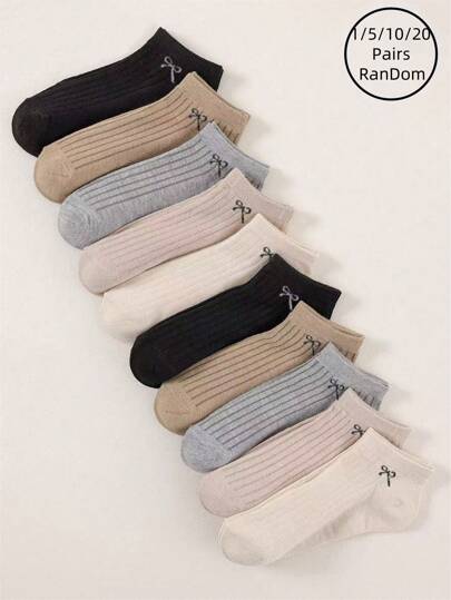 1/5/10/20 Pairs Women Striped Bow Casual Short Socks, Random 5 Colors, Suitable For Outdoor Sports & Daily Wear