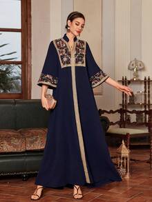 Kexmon Women's Elegant V-Neck Floral Embroidered & Sequin Arabic Style Long Dress - Blue - View 5