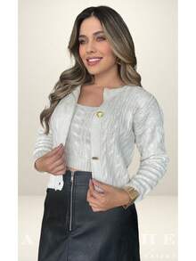 Women's Knitted Cardigan Coat Set With Buttons And Braids + Knitted Tank Top Twin Set For Cold Weather - Apagado - Ver 1