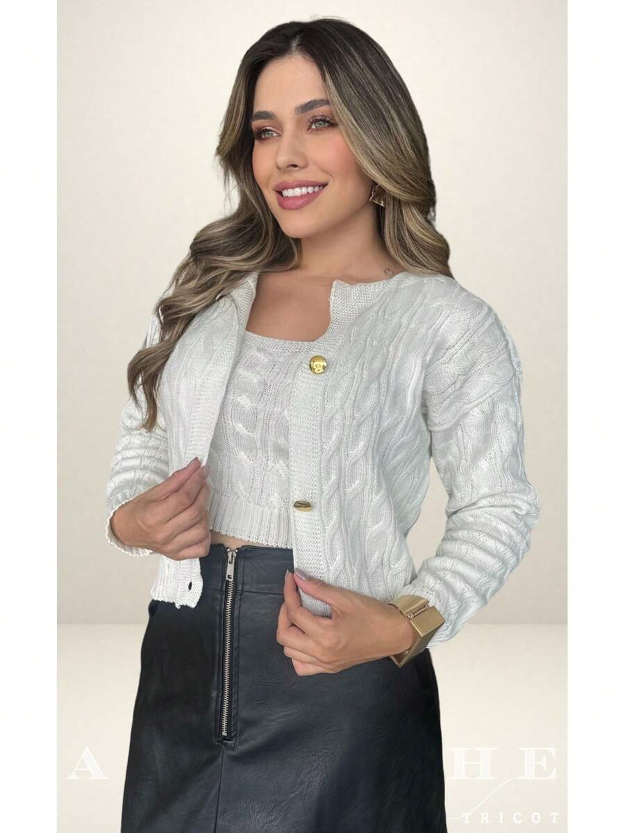 Women's Knitted Cardigan Coat Set With Buttons And Braids + Knitted Tank Top Twin Set For Cold Weather - Apagado - Ver 1