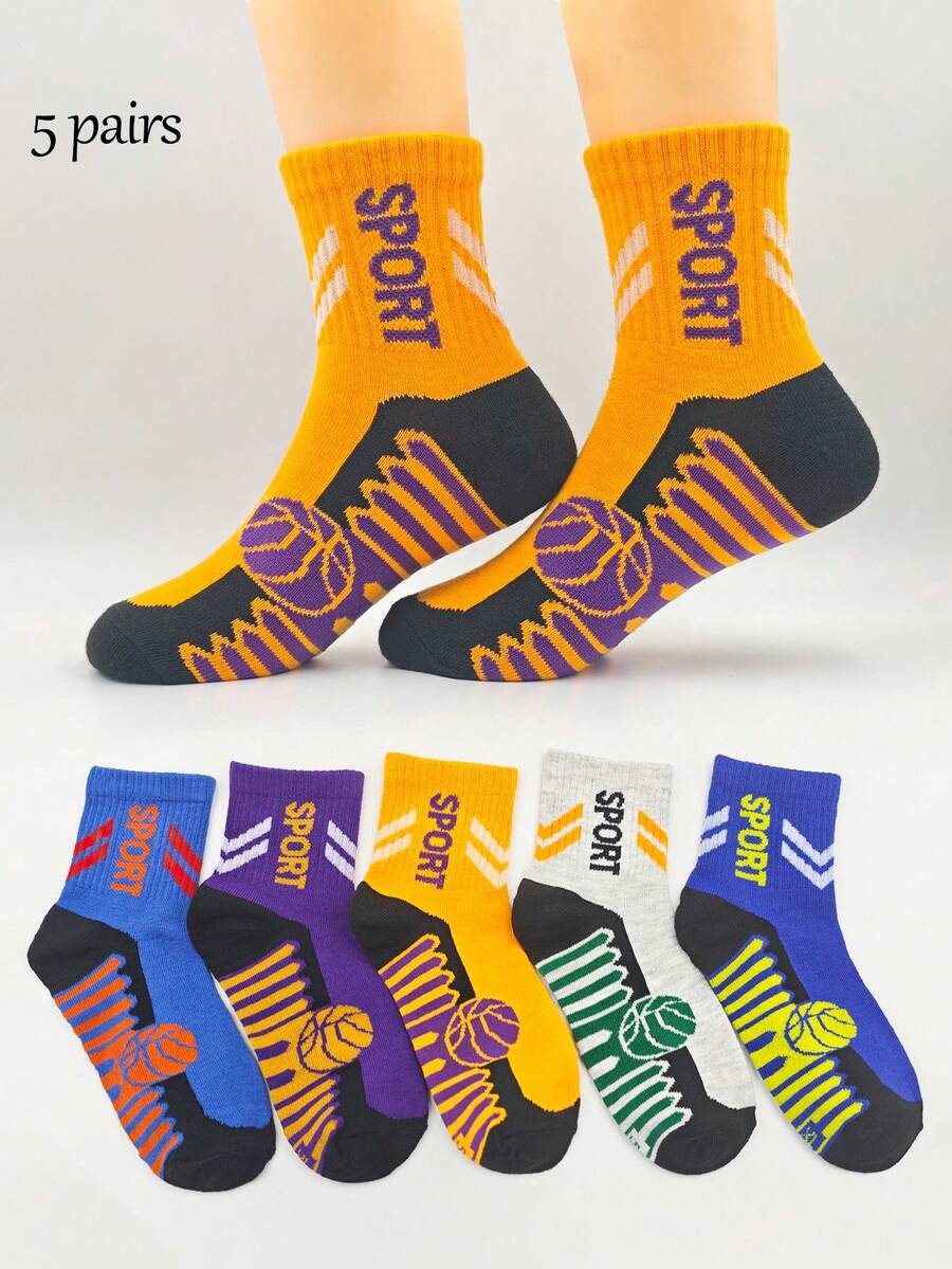 5 Pairs Of Spring And Autumn Sports Socks For Boys And Girls Aged 2-16, Basketball Socks, Round Neck - Multicolor - View 1