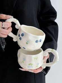 1 pieza Taza cerámica asimétrica pintada a mano, con patrones de cereza y arándano, estilo vintage japonés, taza de té/café de alta calidad para oficina, taza de agua, regalo de taza de cerámica, apta para todas las estaciones - Multicolor - Ver 5