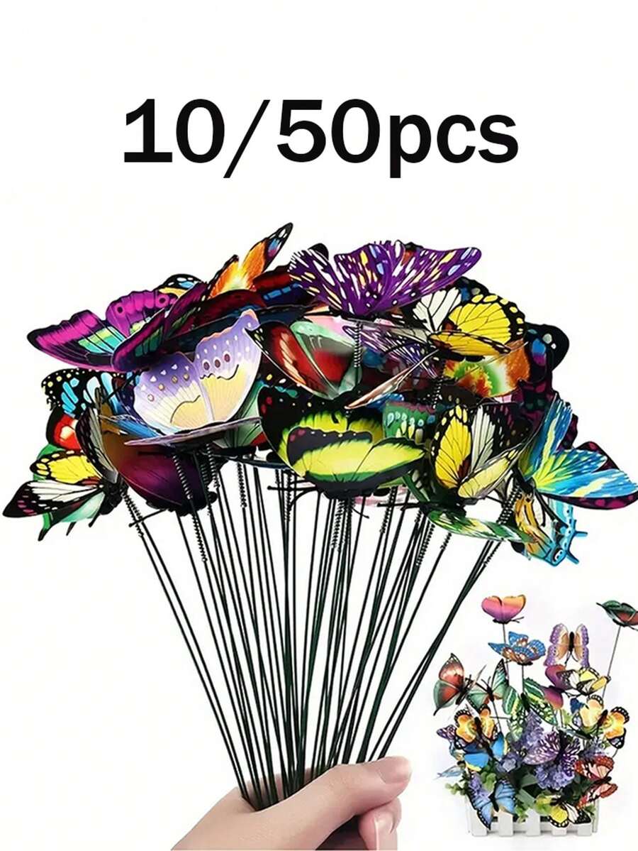 10 件户外花园装饰鲜艳的 3D 蝴蝶花园桩 - 蝴蝶地桩适用于户外露台花盆、露台、花盆和盆景发光的彩色装饰、园艺装扮 - 由耐用的聚氯乙烯制成，情人节现代家居装饰 - 彩色 - 查看 1