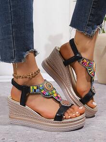Sandalias bohemias con plataforma y tacón alto, nuevas sandalias de verano con cuña de suela gruesa, cómoda correa tipo romano de colores, sandalias de moda con detalles metalizados dorados para dama - Negro - Ver 6