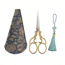 1Set Vintage Golden Silver Stainless Steel Home Scissors With Cutting Sleeves And Tassels, Embroidery, And Sewing Crafts, Window Flower Scissors Embroidery Handmade Student Office Scissors