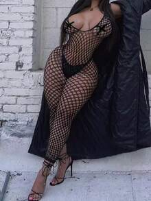 Conjunto de Lingerie Sexy Feminina, Bodysuit de Renda Preta Vazado em Tela, Design Sem Costas com Amarração, Macacão de Alta Elasticidade, Perfeito para Encontros - Preto - Visão 2