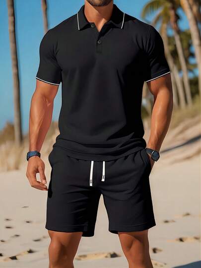 男士休闲 Polo 衫和短裤套装 - 夏季运动装，两件套，透气，短袖，抽绳腰带，运动服