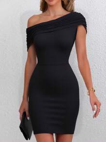 Women's Spring/Summer Off Shoulder Ruched Waist Party Dress, Fitted Sexy Black Bodycon Dress