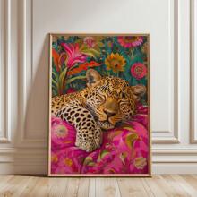 1pc Leopard Canvas Art Print - Frameless Vintage & Modern Wall Decor, Eclectic Maximalist Animal Art For Living Room, Bedroom, Or Home Office, Bold Pink & Green Retro Aesthetic