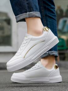 Plus Size Men's Casual Sneakers, Leather Upper Lightweight Trainers, Unisex White Shoes For Students