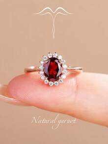 Genuine Pomegranate Boho Style Ring, S925 Silver Inlaid Birthstone, Sunflower Design, Featuring Loyalty, Eternity, Faith & Peace Natural Stones, Adjustable Opening, Suitable For Valentine's Day, Anniversary, Mother's Day, Birthday Gift For Her, Free Gorgeous Gift Box Included - Natural Garnet Ring - View 7