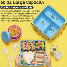Caja Bento para Niños y Adultos con Termo, Contenedor de Almuerzo para Niños de 3-4 Compartimentos de 60OZ con Tarro de Comida Aislado de 8OZ a Prueba de Fugas, Tarro de Salsa, Utensilios para Niños y Niñas, Libre de BPA y Apto para Lavavajillas - B5.Dinosaurios de la jungla - Ver 4