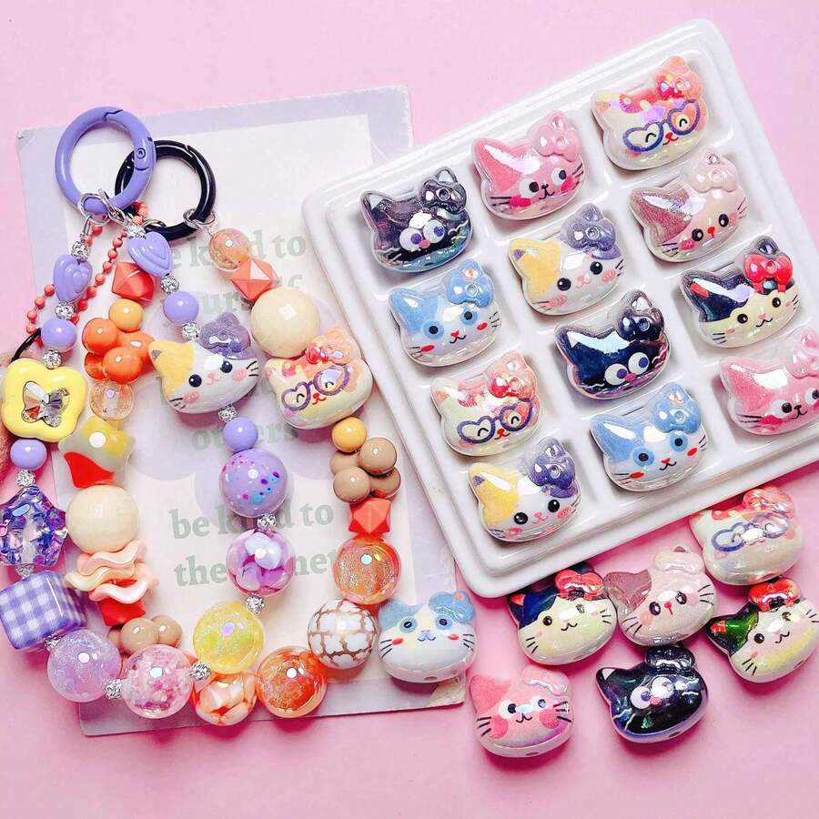 10pcs Random Colorful Acrylic UV-Plated Cute 3D Cat Head Beads, Suitable For DIY Phone Straps, Accessories, Jewelry Making - Multicolor - View 1