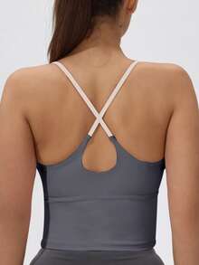 Women's Patchwork Padded Sports Bra With Elastic Adjustable Straps Summer - Grey - View 5