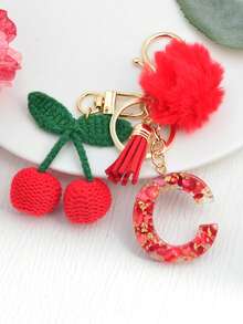 1 móc khóa hình thiên hà bằng nhựa có chữ cái tiếng Anh, tua rua trang trí quả cầu lông màu đen, quà tặng cho bạn bè, mẹ, mặt dây chuyền tình yêu phụ kiện ô tô túi xách học sinh dễ thương phong cách Goth Y2k - Quả anh đào đỏ - Xem 26